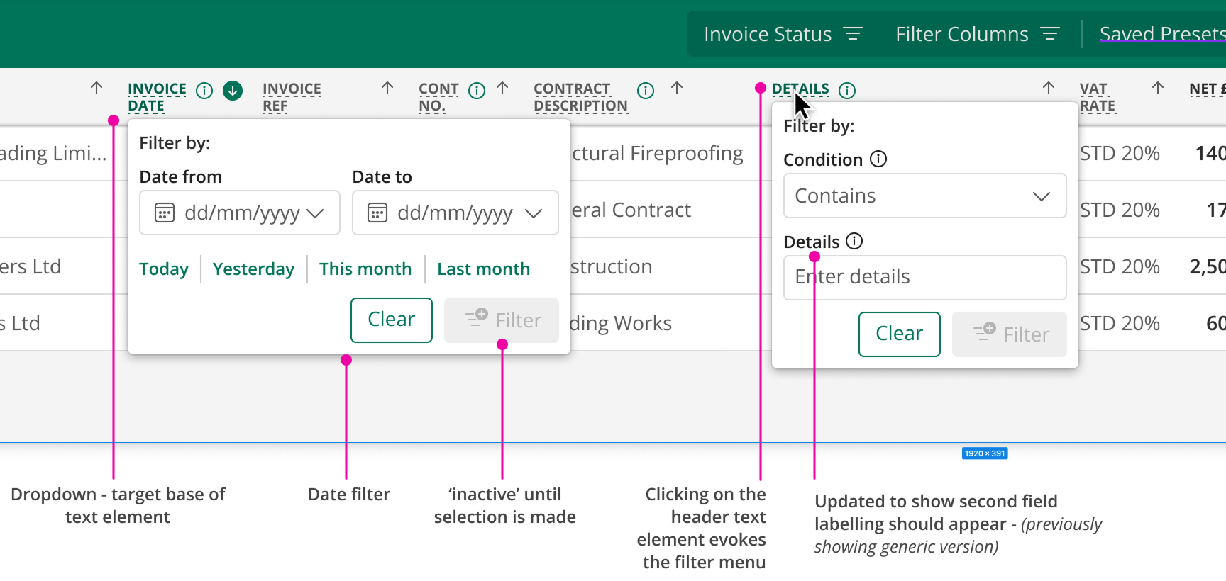 Table drop-down filtering example from Construction Manager
